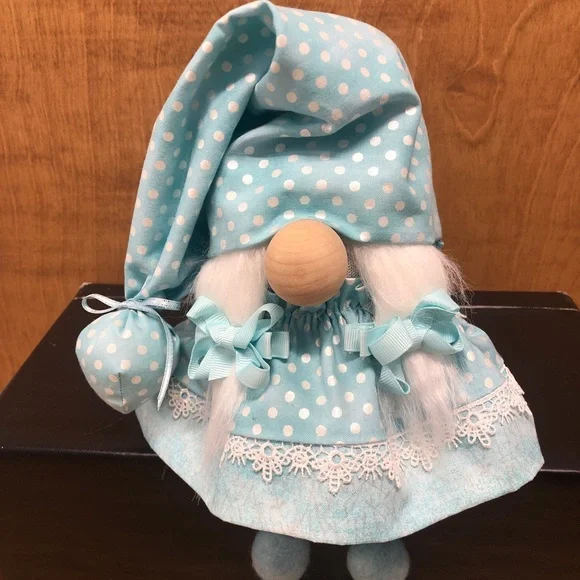 Aqua Gnome Cottage Style Beaded Legs Wool Pom Pom Lace Bow Feminine Gift Silver - Picture 5 of 5